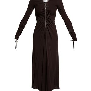 Victoria Beckham -V-Neck Ruched Zip-Front Midi Dress / Deep Brown